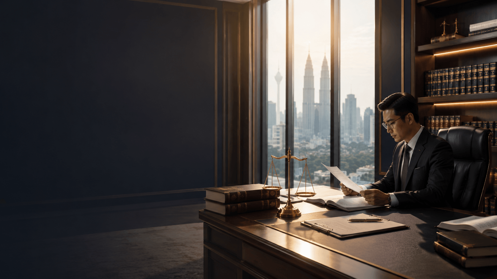 Lawyer reviewing documents in a Kuala Lumpur high-rise office
